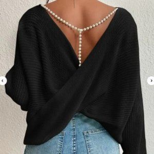 Elegant Black Sweater with Pearl Detail